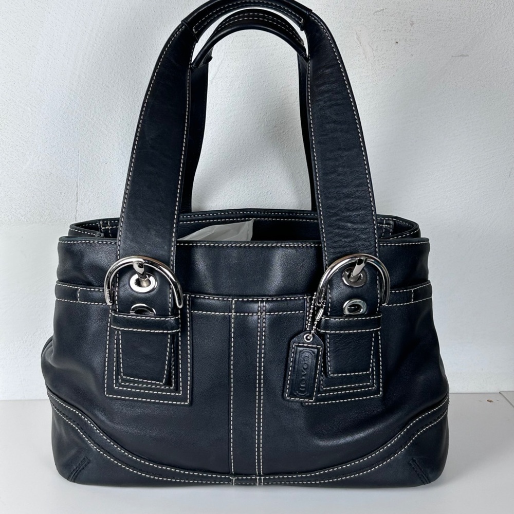 Coach Black Leather Shoulder Bag with White Contrast Stitching